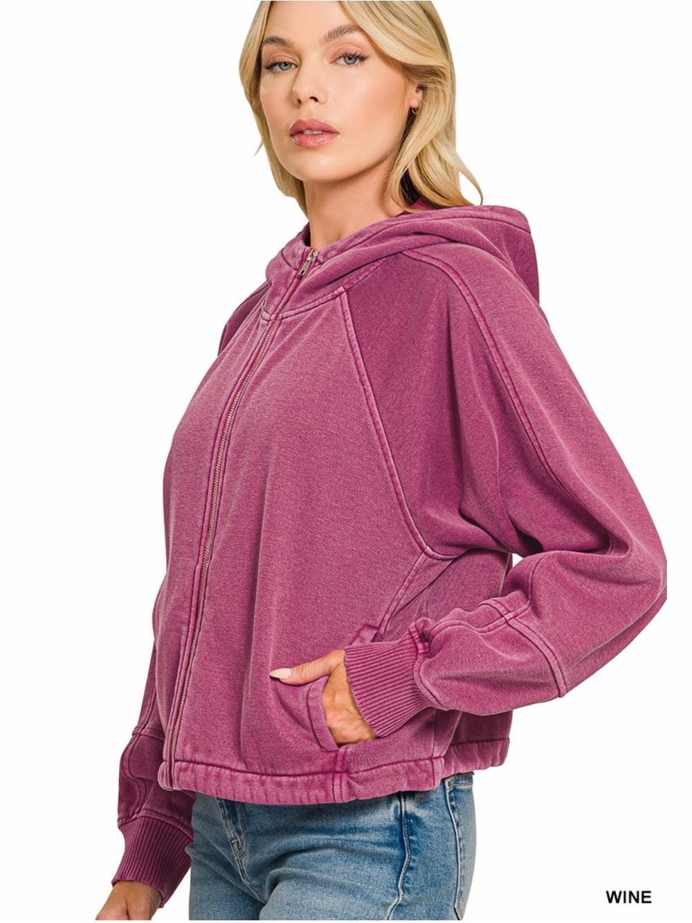 Zenana Wine Pigment Dye Fleece Zip Up Hoodie - Picture 3 of 3